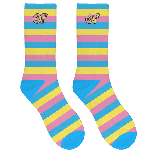 OF Logo Embroidered Socks - Blue/Yellow/Pink Stripe-Odd Future