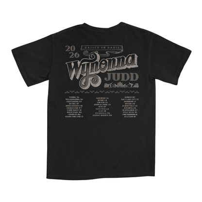 Classic fitting unisex tee in black featuring Wynonna Judd's Raised On Radio 2026 tour dates on the back.