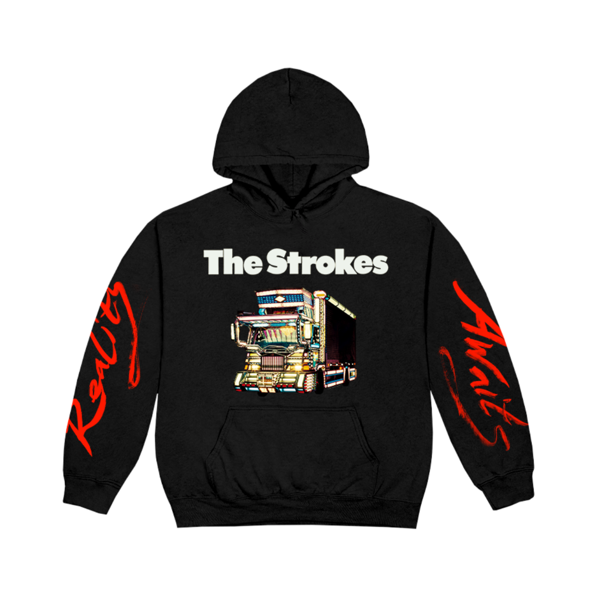 A black pullover hoodie featuring The Strokes logo across the chest with a bold dekotora design below, finished with oversized red script down both sleeves.