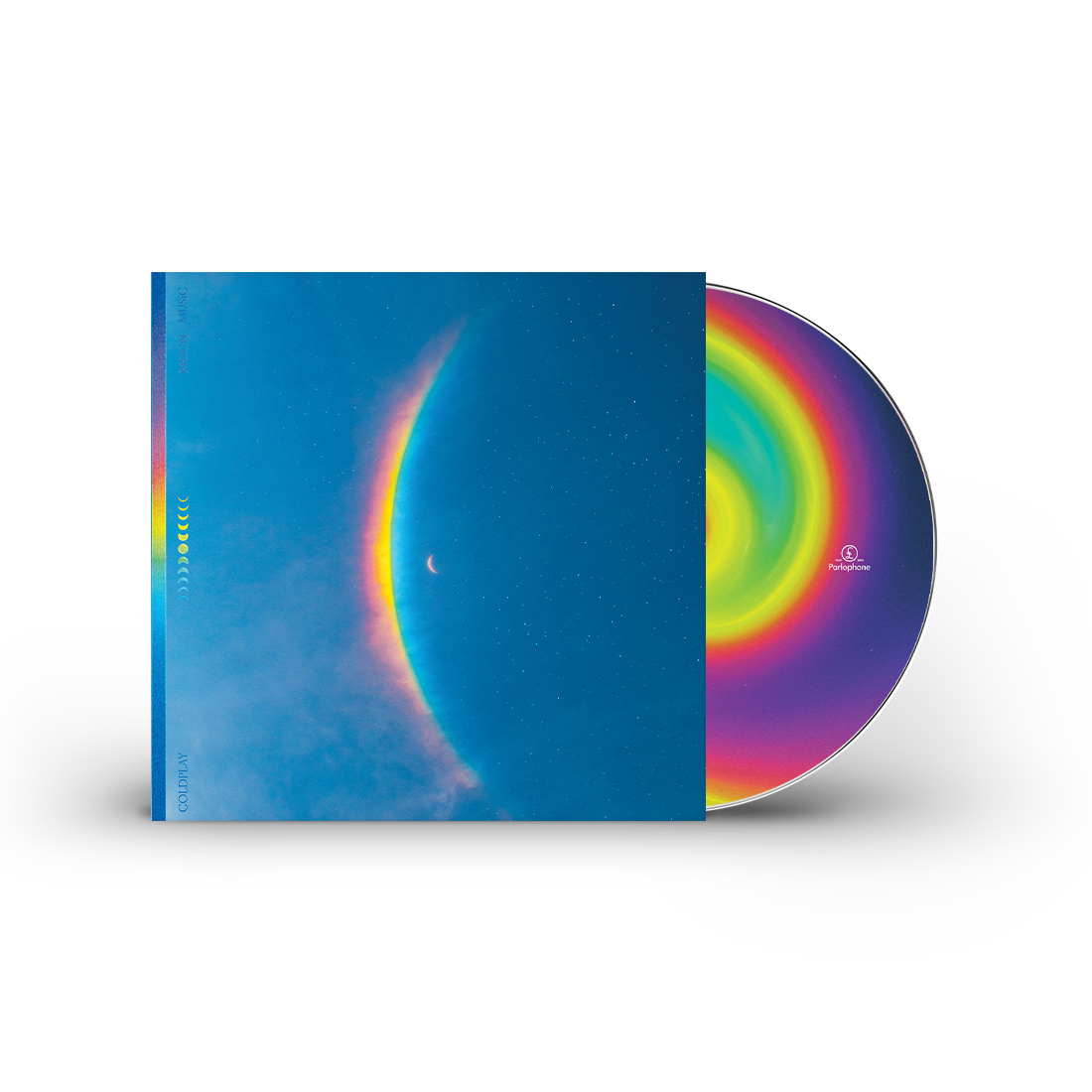 2: CD case: The artwork features a centered??with a large, arced rainbow light dispersion to the left. The colors flow from red to orange, yellow, green, light&dark blue, on a blue night sky filled with stars. An11face moon cycle is arranged vertically, from??to full moon in the center, back to??Moon Music&Coldplay are written in light blue on the left. A Parlophone Records logo is also visible. On the disc itself, the center label has a radiant spiral, drawn with blue, pink, purple, yellow&green shades.