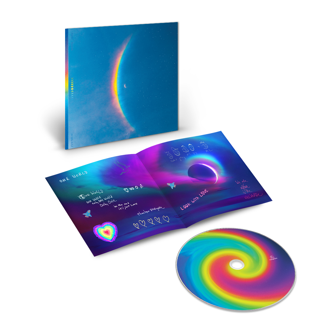 1: The cover shows a centered??with a large, arced rainbow light dispersion to the left. Colors flow from red to orange, yellow, green, light&dark blue on a starry night sky. The CD center is a spiral of blues, pinks, purples, yellows&greens. A hand-written lyric booklet is on the One World page, in blue, purple&pink. It reads:LOOK WITH LOVE,WE ARE ALL ONE IN THE UNIVERSE. We see cartoon faces of all band members, stars, rocket ships, a distant planet, a dove&hearts;1large in colors of a??others white&small