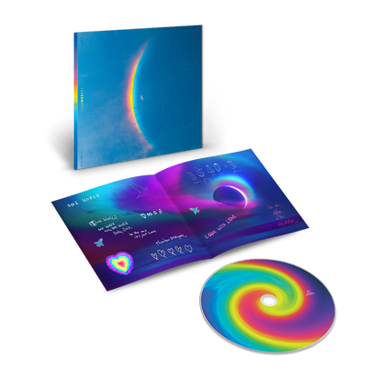 1: The cover shows a centered??with a large, arced rainbow light dispersion to the left. Colors flow from red to orange, yellow, green, light&dark blue on a starry night sky. The CD center is a spiral of blues, pinks, purples, yellows&greens. A hand-written lyric booklet is on the One World page, in blue, purple&pink. It reads:LOOK WITH LOVE,WE ARE ALL ONE IN THE UNIVERSE. We see cartoon faces of all band members, stars, rocket ships, a distant planet, a dove&hearts;1large in colors of a??others white&small