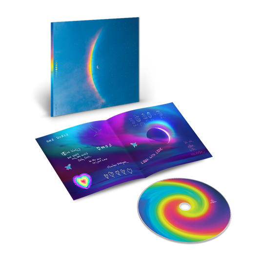 1: The cover shows a centered??with a large, arced rainbow light dispersion to the left. Colors flow from red to orange, yellow, green, light&dark blue on a starry night sky. The CD center is a spiral of blues, pinks, purples, yellows&greens. A hand-written lyric booklet is on the One World page, in blue, purple&pink. It reads:LOOK WITH LOVE,WE ARE ALL ONE IN THE UNIVERSE. We see cartoon faces of all band members, stars, rocket ships, a distant planet, a dove&hearts;1large in colors of a??others white&small