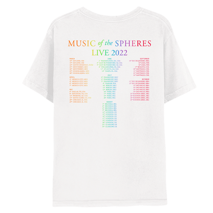 Back: MUSIC OF THE SPHERES and 2022 tour dates, cities and stadiums, in a neon colors gradient of orange, yellow, green, blue, violet, pink fuchsia and red. LIVE 2022, in light green, yellow, blue, purple, red&pink. The dates go from March to November