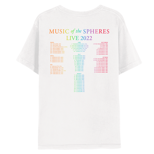 Back: MUSIC OF THE SPHERES and 2022 tour dates, cities and stadiums, in a neon colors gradient of orange, yellow, green, blue, violet, pink fuchsia and red. LIVE 2022, in light green, yellow, blue, purple, red&pink. The dates go from March to November