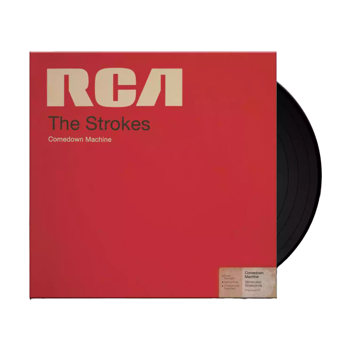 The album artwork for The Strokes' Comedown Machine with a black Vinyl poking out. The cover mimics a vintage RCA magnetic tape box, featuring a bold, textured red background and a classic, cream-colored RCA manufacturer label across the top. The album title is stamped in a minimalist, black sans-serif font across the center, giving the packaging a retro, analog media aesthetic.
