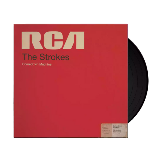 The album artwork for The Strokes' Comedown Machine with a black Vinyl poking out. The cover mimics a vintage RCA magnetic tape box, featuring a bold, textured red background and a classic, cream-colored RCA manufacturer label across the top. The album title is stamped in a minimalist, black sans-serif font across the center, giving the packaging a retro, analog media aesthetic.