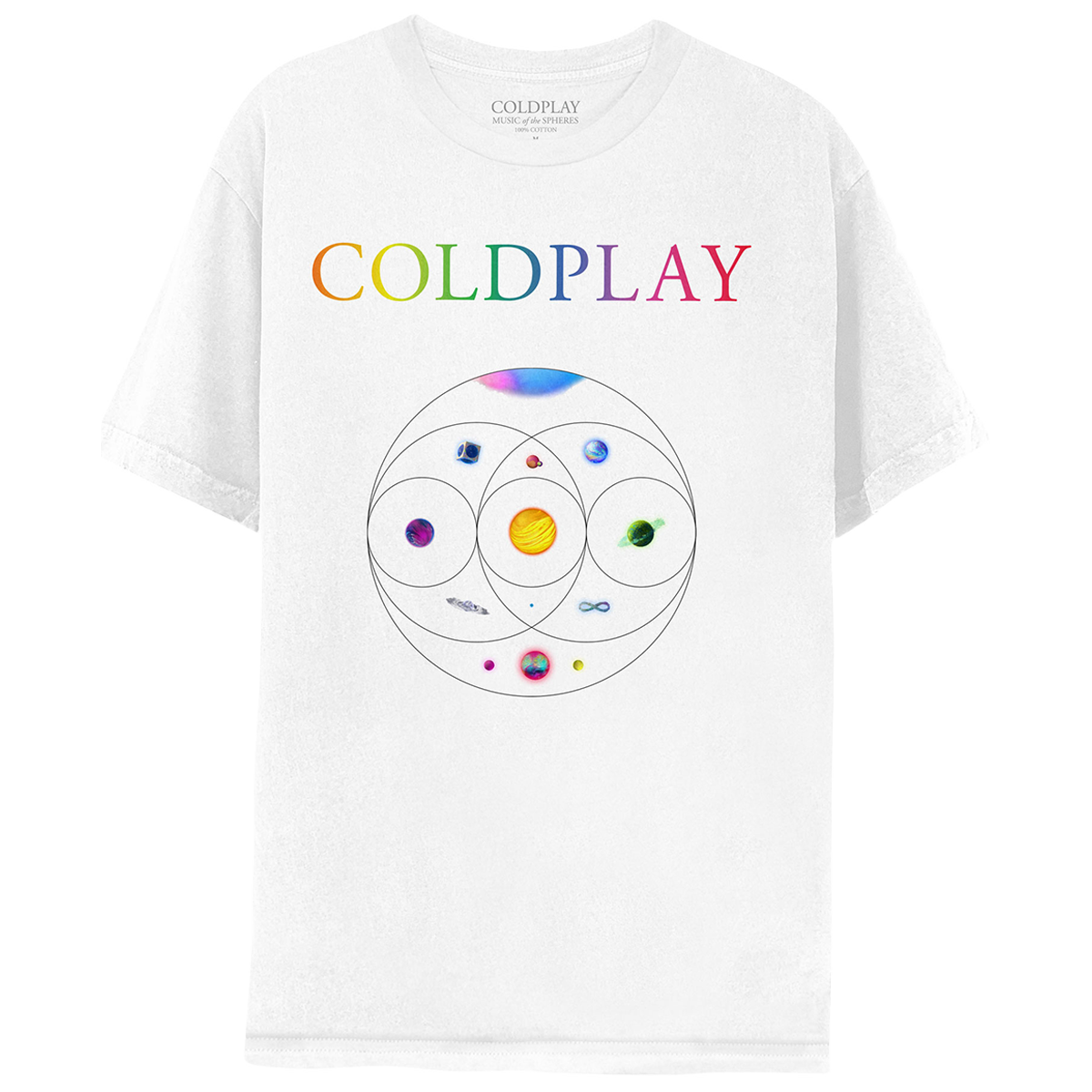 Front: 11planetsInCircles: pink, blue, green&purpleNebula;GreenPlanetOfFlowers, turquoiseRivers&foliage??goldenStarOfSolarFlares&orangeLava;PlanetOfDarkBlue, magenta&whiteOceanWaves;BlueCircuitBoardPlanetInSilver cube;1ofPurple&indigoSwirls;1as aPurple, blue&green??Blue&purplePlanet;PinkSphereWithOrangeCrater&greenMoon;BlueOpalWith??&pink, blue, purple&greenPlanetWithPink&yellowNeonMoons;COLDPLAYPrintedOnChest;C isPurple;O lightBlue;L green;D greenToYellow;P Orange;L darkOrange;A pink;&Y LightPurple