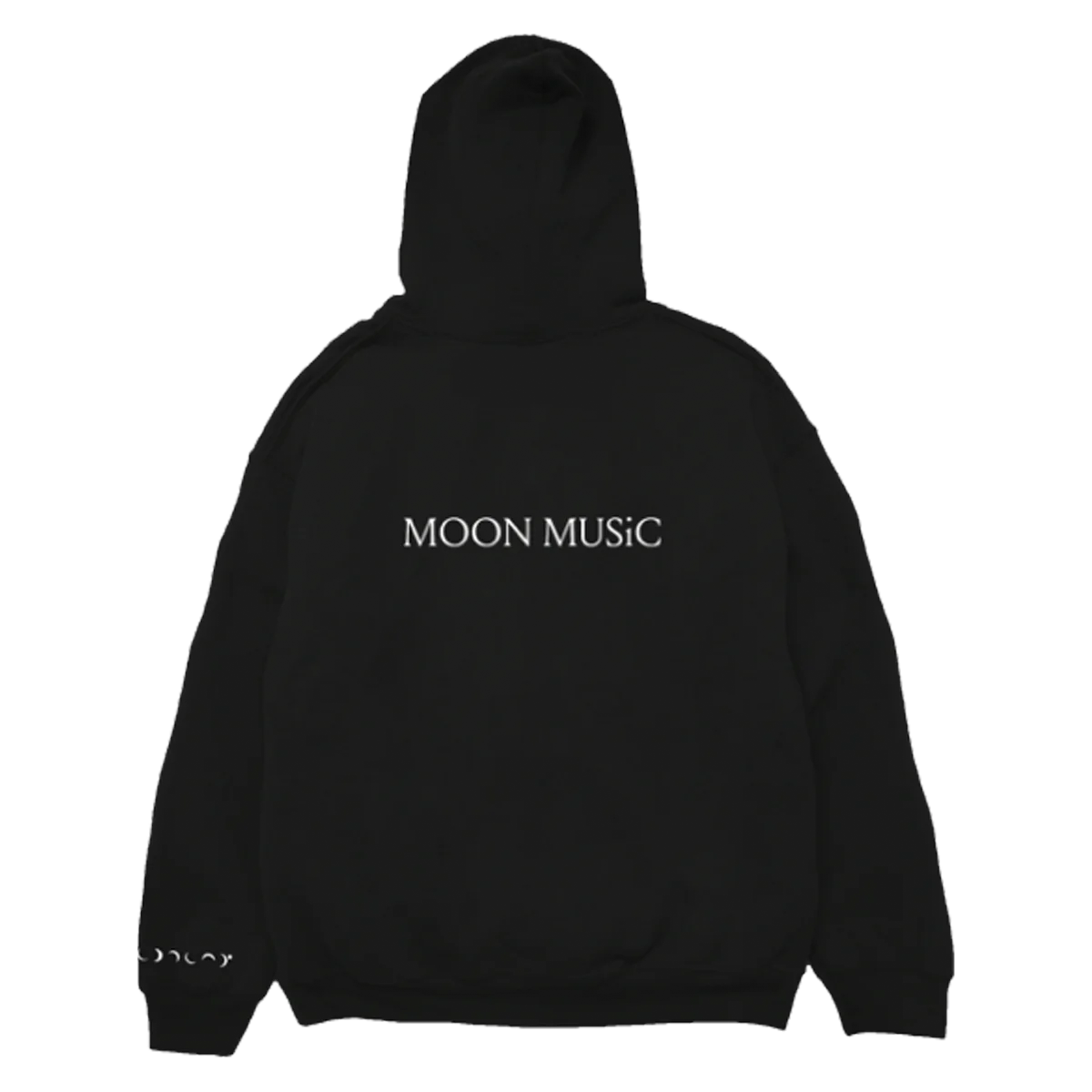 Back: MOON MUSIC is printed across the shoulders, the text is in white serif style, with small lines or strokes attached to the ends of the letters.