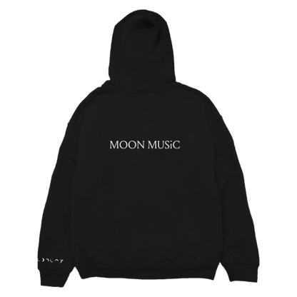 Back: MOON MUSIC is printed across the shoulders, the text is in white serif style, with small lines or strokes attached to the ends of the letters.