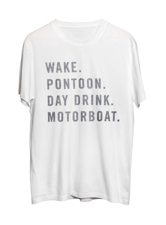 WHITE MOTORBOAT TEXT T-SHIRT