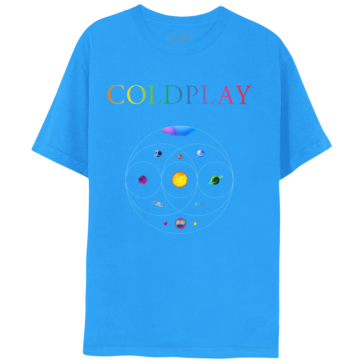 Front: 11planetsInCircles: pink, blue, green&purpleNebula;GreenPlanetOfFlowers, turquoiseRivers&foliage??goldenStarOfSolarFlares&orangeLava;PlanetOfDarkBlue, magenta&whiteOceanWaves;BlueCircuitBoardPlanetInSilver cube;1ofPurple&indigoSwirls;1as aPurple, blue&green??Blue&purplePlanet;PinkSphereWithOrangeCrater&greenMoon;BlueOpalWith??&pink, blue, purple&greenPlanetWithPink&yellowNeonMoons;COLDPLAYPrintedOnChest;C isPurple;O lightBlue;L green;D greenToYellow;P Orange;L darkOrange;A pink;&Y LightPurple