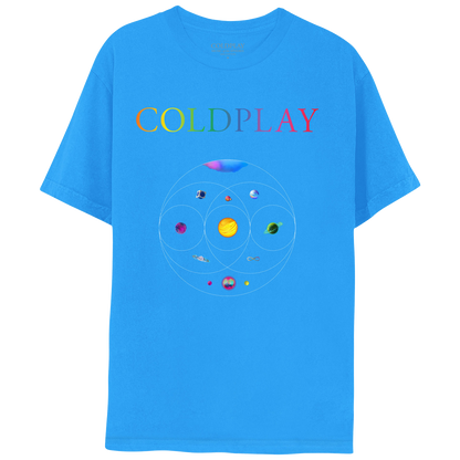 Front: 11planetsInCircles: pink, blue, green&purpleNebula;GreenPlanetOfFlowers, turquoiseRivers&foliage??goldenStarOfSolarFlares&orangeLava;PlanetOfDarkBlue, magenta&whiteOceanWaves;BlueCircuitBoardPlanetInSilver cube;1ofPurple&indigoSwirls;1as aPurple, blue&green??Blue&purplePlanet;PinkSphereWithOrangeCrater&greenMoon;BlueOpalWith??&pink, blue, purple&greenPlanetWithPink&yellowNeonMoons;COLDPLAYPrintedOnChest;C isPurple;O lightBlue;L green;D greenToYellow;P Orange;L darkOrange;A pink;&Y LightPurple