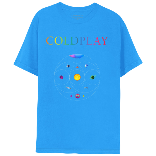 Front: 11planetsInCircles: pink, blue, green&purpleNebula;GreenPlanetOfFlowers, turquoiseRivers&foliage??goldenStarOfSolarFlares&orangeLava;PlanetOfDarkBlue, magenta&whiteOceanWaves;BlueCircuitBoardPlanetInSilver cube;1ofPurple&indigoSwirls;1as aPurple, blue&green??Blue&purplePlanet;PinkSphereWithOrangeCrater&greenMoon;BlueOpalWith??&pink, blue, purple&greenPlanetWithPink&yellowNeonMoons;COLDPLAYPrintedOnChest;C isPurple;O lightBlue;L green;D greenToYellow;P Orange;L darkOrange;A pink;&Y LightPurple