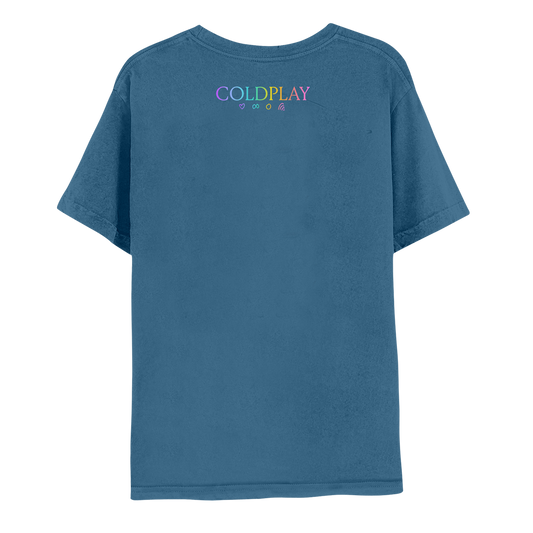 Back: Coldplay is printed in a rainbow colors gradient, with a purple heart, a green infinity sign, an orange circle and Chris’s pink rainbow doodle below it. C is purple, O is light blue, L is blue, D is green to yellow, P is yellow, L is orange, A is pink, and Y is pink.