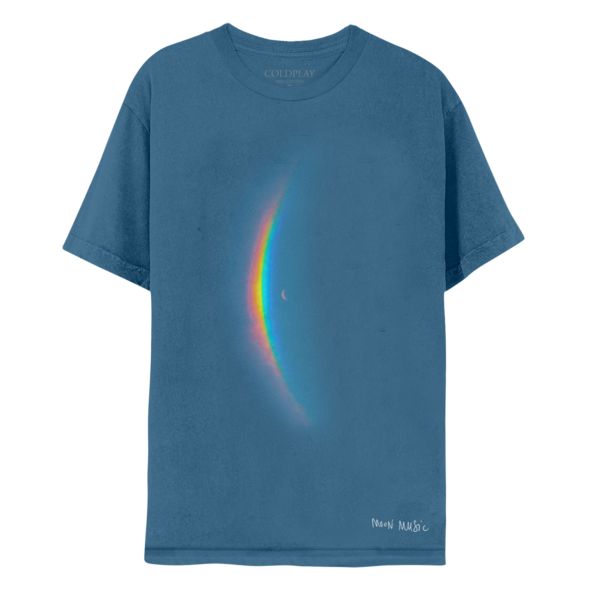 Front: features the album artwork crescent moon in the center of the blue shirt, with a large, arced rainbow light dispersion to the right. The colors created by the light dispersion flow from red to orange, yellow, green, light and dark blue. At the left hip, MOON MUSIC is printed in white in Chris’s handwritten style.