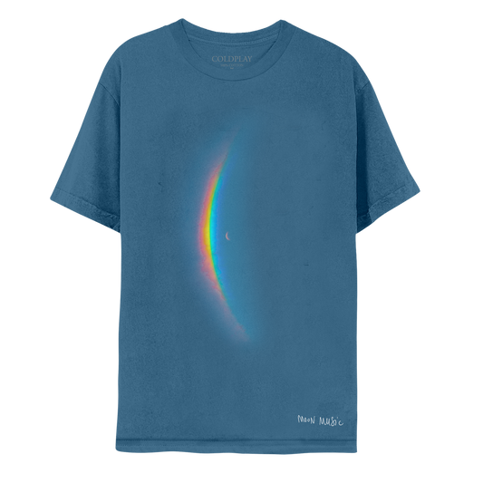 Front: features the album artwork crescent moon in the center of the blue shirt, with a large, arced rainbow light dispersion to the right. The colors created by the light dispersion flow from red to orange, yellow, green, light and dark blue. At the left hip, MOON MUSIC is printed in white in Chris’s handwritten style.