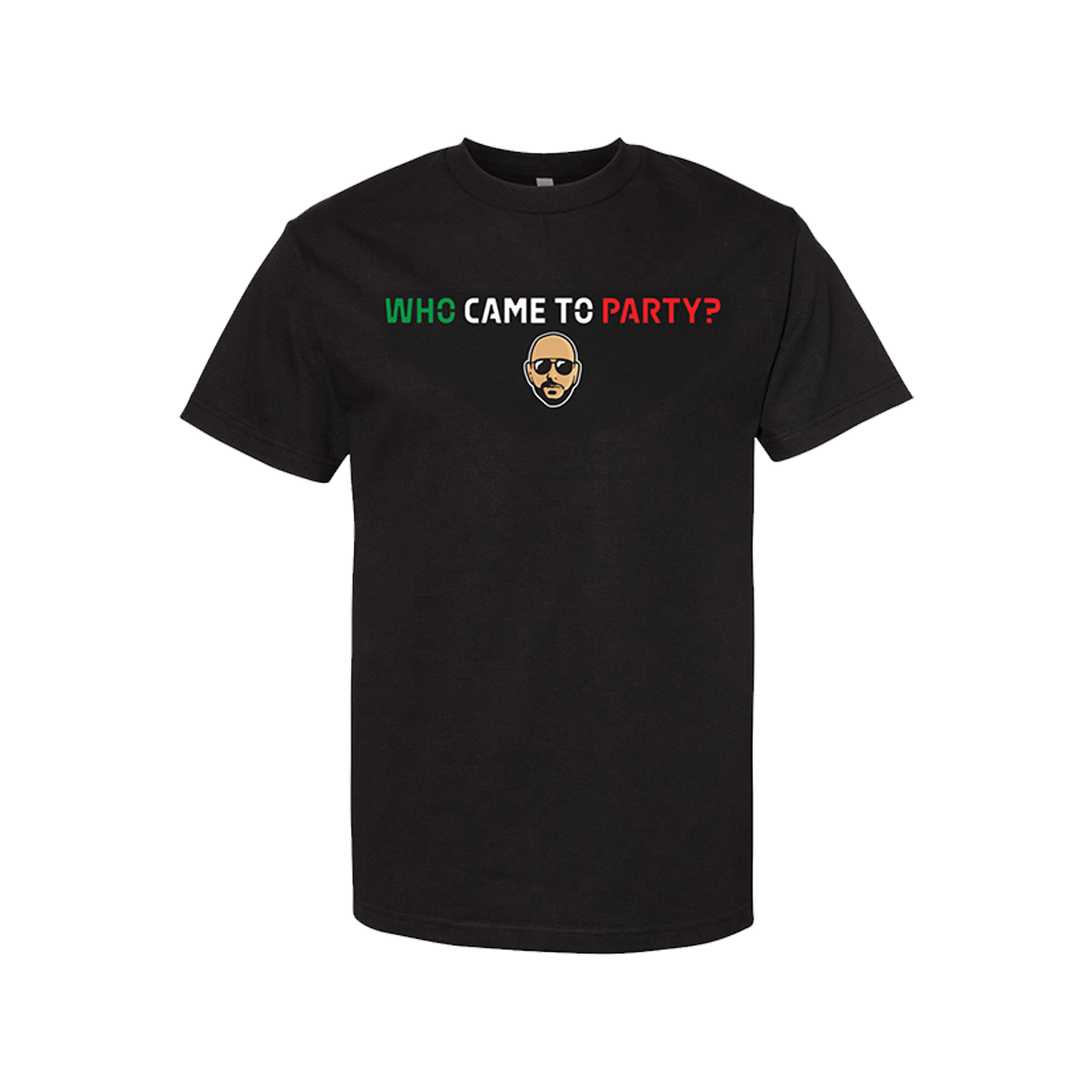 Black t-shirt with pitbull's face and text "who came to party?"