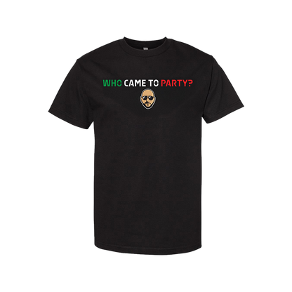Black t-shirt with pitbull's face and text "who came to party?"