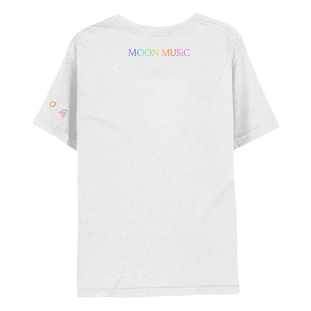Back: MOON MUSIC is printed in rainbow colors in a serif-style situated below the neckline. M is purple, first O is light blue, second O is teal, N is green to yellow, M is orange, U is dark orange, S and I are bright pink, and C is a muted pink. The shirt is white heather.