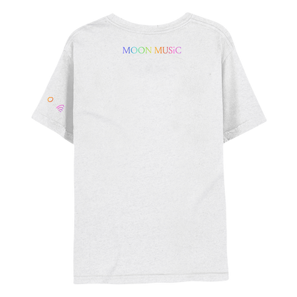 Back: MOON MUSIC is printed in rainbow colors in a serif-style situated below the neckline. M is purple, first O is light blue, second O is teal, N is green to yellow, M is orange, U is dark orange, S and I are bright pink, and C is a muted pink. The shirt is white heather.