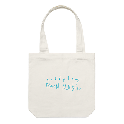 Back: coldplay and MOON MUSIC are in bright blue handwriting in the center of the bag. The album title is in all caps below the band name, which is smaller and lowercase. The letters are slightly uneven, giving it a playful, artistic feel.