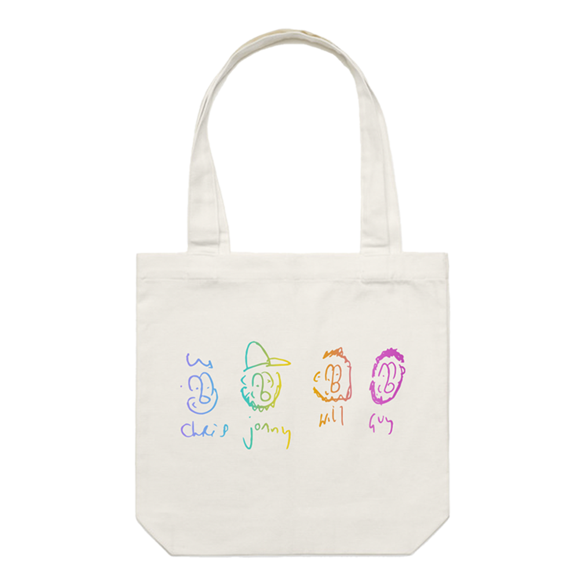 White tote bag. The front features Coldplay member faces as cartoons: Chris in blue, Jonny in green wearing a cap, Will in orange, and Guy in pink fuchsia, with a beard. Each face is labeled with their names underneath, in Chris’s handwriting. Their faces are abstract, playful line drawings with exaggerated features like large eyes and wide smiles. The bag is spacious and has 2 handles.