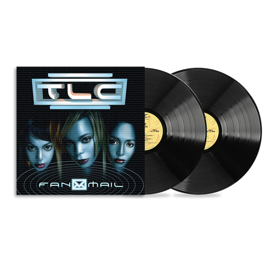 Vinyl record set with cover featuring three members of TLC and 'TLC' branding with two black vinyl in the background. 