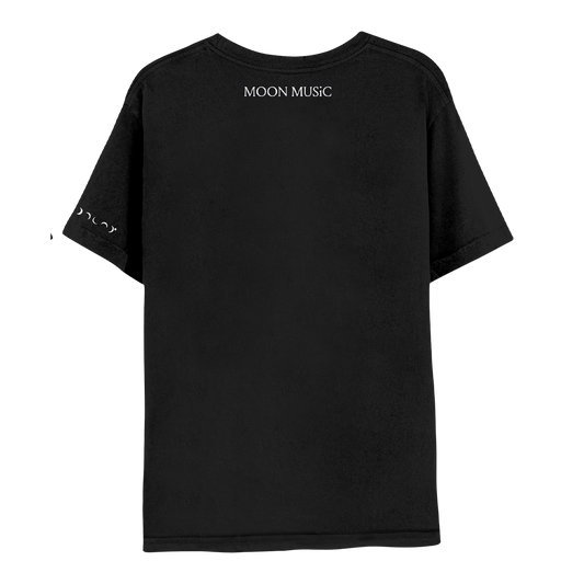 Back: MOON MUSIC is printed small just under the neckline. The text is in white serif style, with small lines or strokes attached to the ends of the letters.