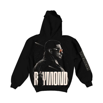 Black hoodie with a graphic of Usher Raymond