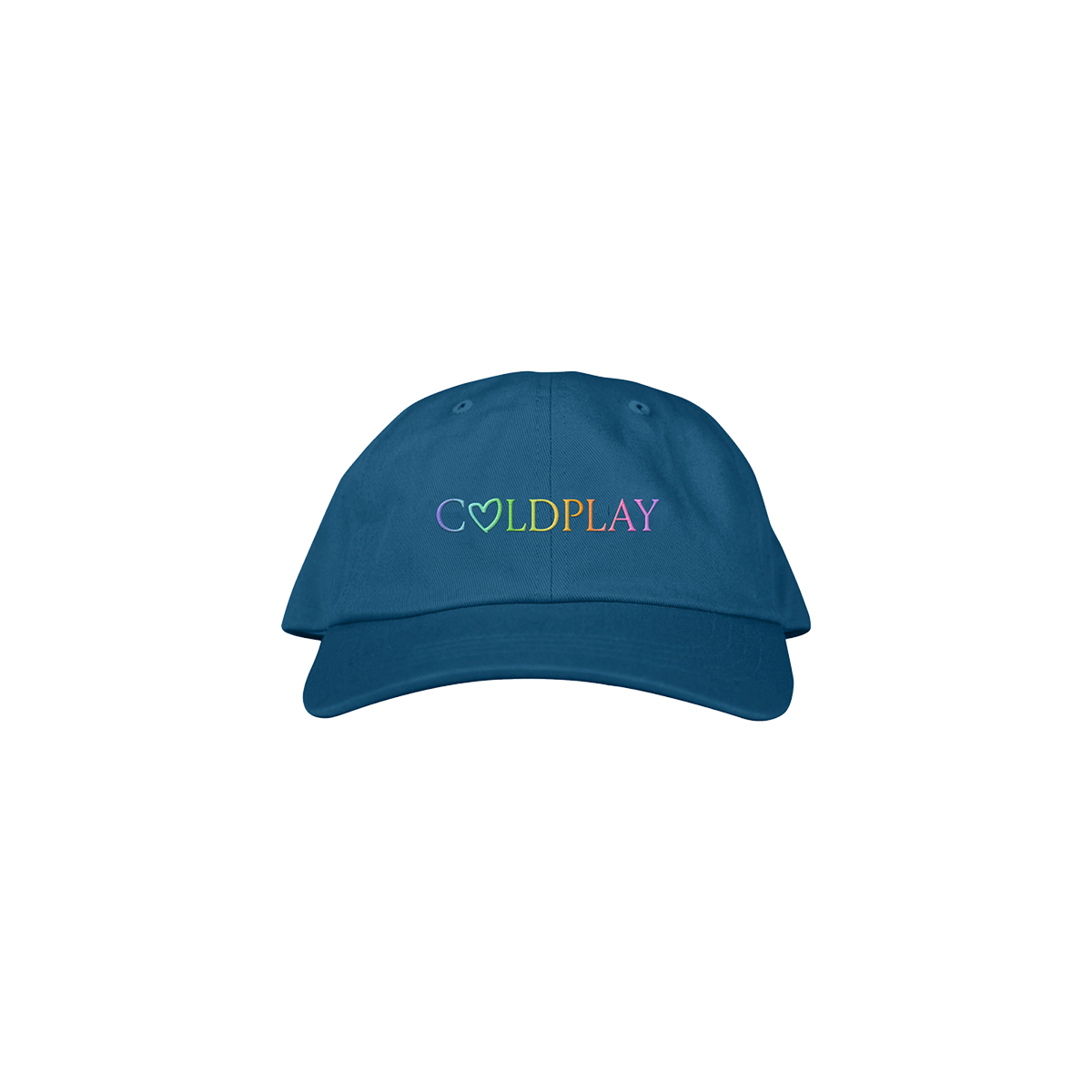 A blue baseball cap, with COLDPLAY stitched in a colorful gradient. A hand-drawn heart makes the letter O; C is purple, O is light blue, L is green, D green to yellow, P is orange, L is dark orange, A is pink, Y is fuchsia.