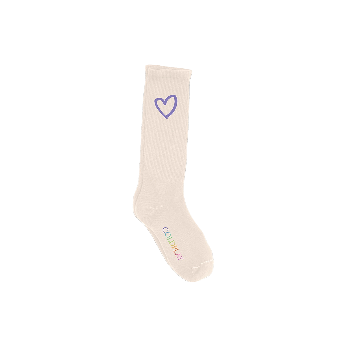 Heart Logo Socks: Cream colored crew socks which rise above the ankle, with a purple heart near the top and COLDPLAY printed on the foot in a gradient of rainbow colors: M is purple, first O is light blue, second O is green, N is green to yellow, M is orange, U is red, S is pink, I is pink, and C is light purple.