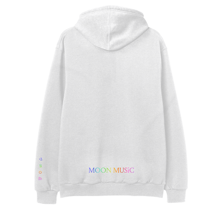 Back: MOON MUSIC written in rainbow colors on the low back above the hem. M is purple, first O is light blue, second O is teal, N is green to yellow, M is orange, U is dark orange, S and I are bright pink, and C is a muted pink. The hoodie is white heather.