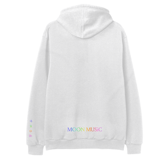 Back: MOON MUSIC written in rainbow colors on the low back above the hem. M is purple, first O is light blue, second O is teal, N is green to yellow, M is orange, U is dark orange, S and I are bright pink, and C is a muted pink. The hoodie is white heather.