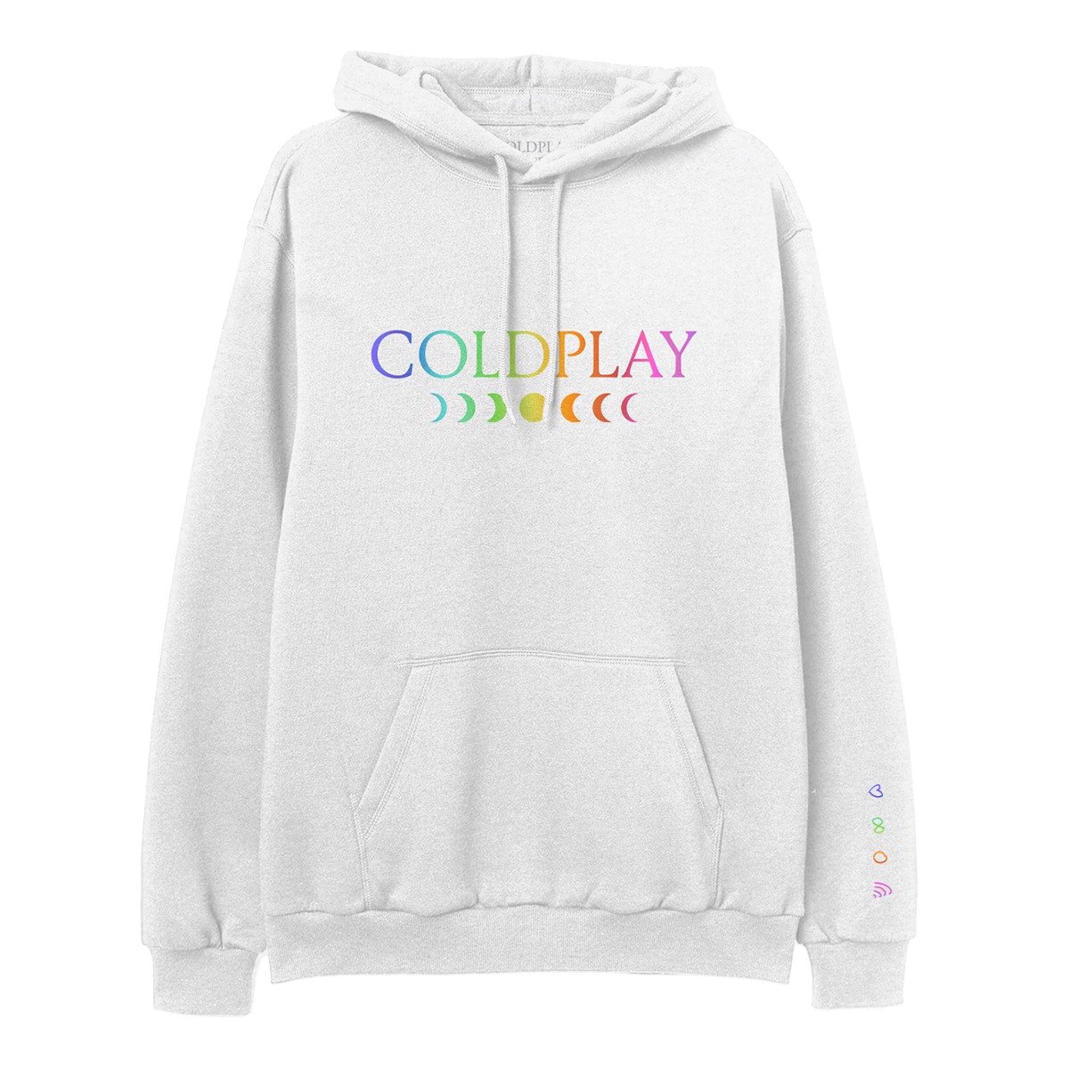 Front: COLDPLAY printed on chest in rainbow gradient. C is purple, O is light blue, L is green, D is green to yellow, P is orange, L is dark orange, A is bright pink, and Y is a muted pink. A 7-phase moon cycle sits below in a matching gradient. A purple heart, green infinity sign, orange circle, and pink rainbow sit vertically on the left sleeve beginning at the wrist.