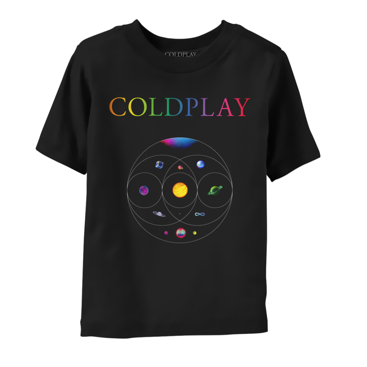 Front: COLDPLAY in neon colors on the chest; 11 planets sit inside eccentric circles which overlap like a Venn diagram below. A pink&blue nebula, blue planet in a silver cube. Pink planet with orange crater&green moon. One where light blue, orange pink streaks flow as water. Yellow and orange sun-like planet, one of magenta&dark blue waves, a green planet with ring made of foliage, an opalescent sphere with large ring, a purple, green&blue infinity sign, and a pink, blue&green planet with neon moons.
