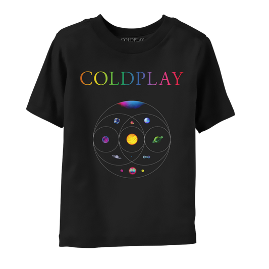 Front: COLDPLAY in neon colors on the chest; 11 planets sit inside eccentric circles which overlap like a Venn diagram below. A pink&blue nebula, blue planet in a silver cube. Pink planet with orange crater&green moon. One where light blue, orange pink streaks flow as water. Yellow and orange sun-like planet, one of magenta&dark blue waves, a green planet with ring made of foliage, an opalescent sphere with large ring, a purple, green&blue infinity sign, and a pink, blue&green planet with neon moons.