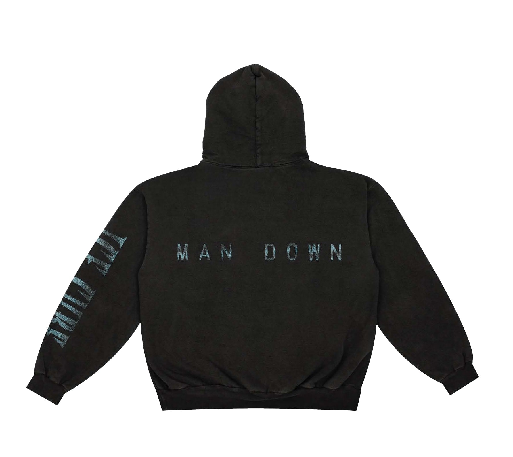 Black hoodie featuring Man Down album image of a child standing near a fallen figure and car. "Ice Cube" blue text on the sleeve. 