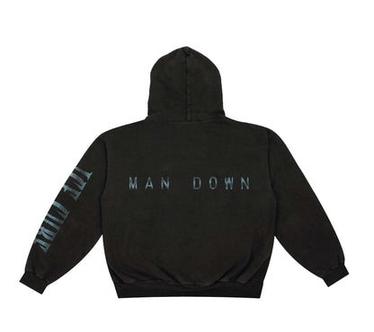 Black hoodie featuring Man Down album image of a child standing near a fallen figure and car. "Ice Cube" blue text on the sleeve. 