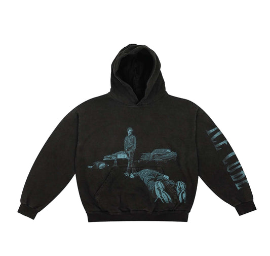 Black hoodie featuring Man Down album image of a child standing near a fallen figure and car. "Ice Cube" blue text on the sleeve. 