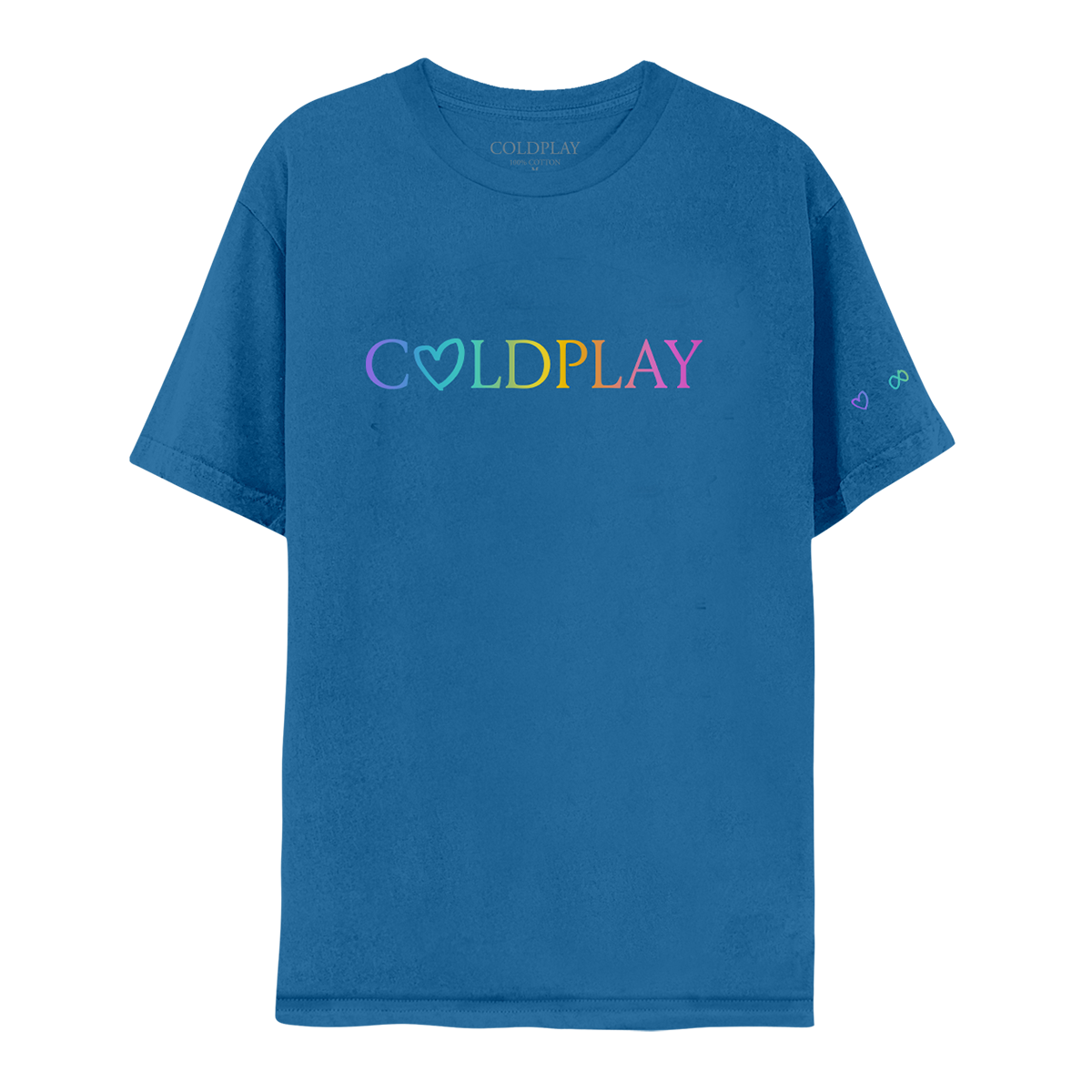 Front: COLDPLAY written on chest in a color gradient. A hand-drawn heart makes the letter O; C is purple, O is light blue, L is green, D green to yellow, P is orange, L is dark orange, A is pink, Y is fuchsia. A purple heart, green infinity sign, orange circle and pink rainbow adorn the left sleeve. The shirt is blue.