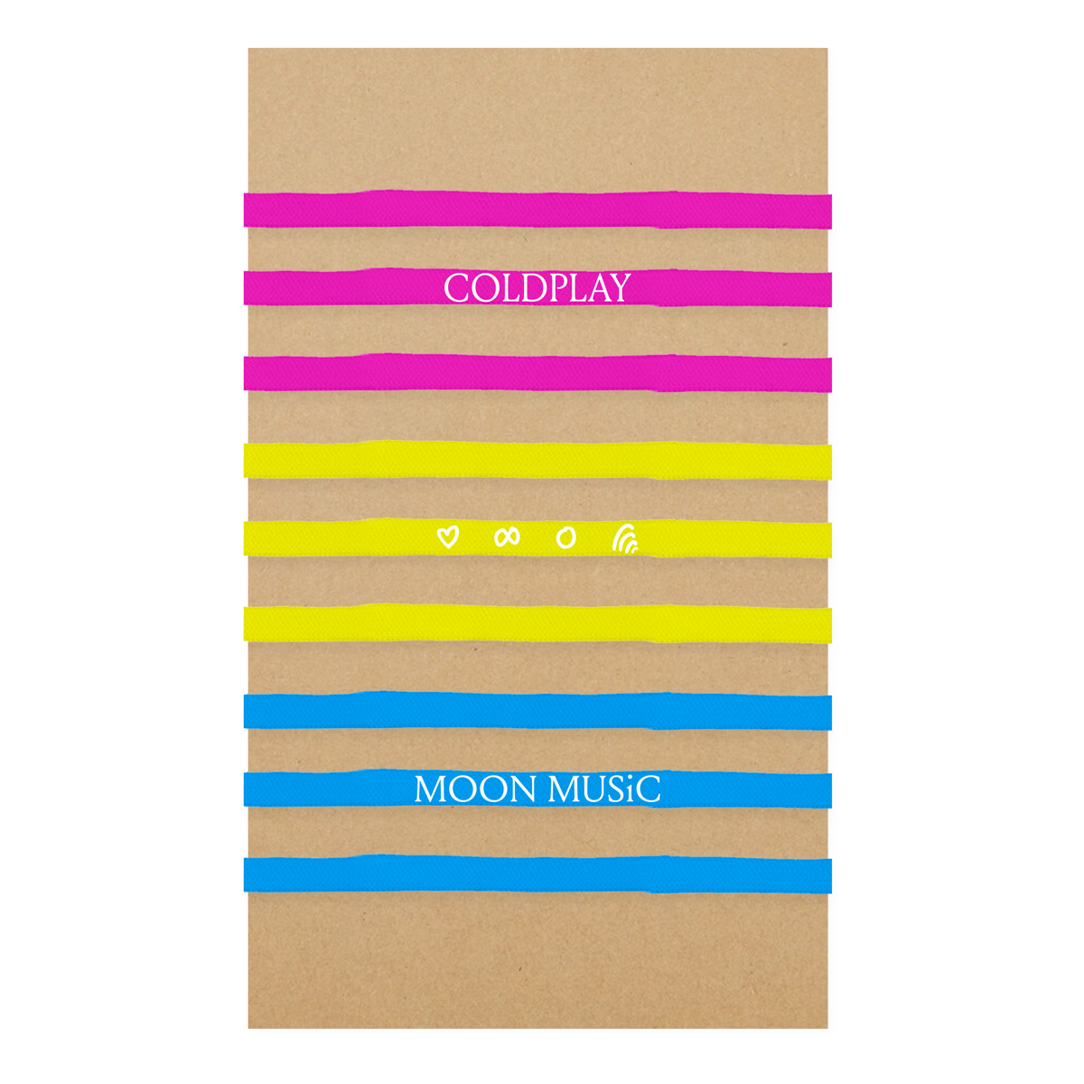 Set of 3 shoestring bracelets like the ones Chris wears on stage. One is pink fuchsia, with the word COLDPLAY in white. One is yellow, with 4 small hand-drawn symbols in white: a heart, an infinity sign, a circle and Chris’s rainbow doodle. The third is blue, with MOON MUSIC in white.