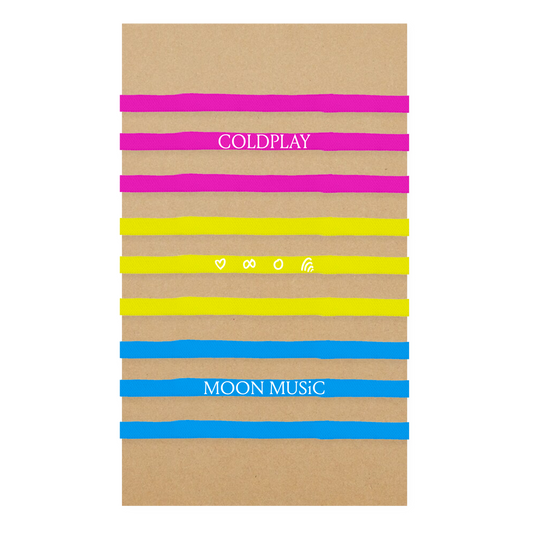 Set of 3 shoestring bracelets like the ones Chris wears on stage. One is pink fuchsia, with the word COLDPLAY in white. One is yellow, with 4 small hand-drawn symbols in white: a heart, an infinity sign, a circle and Chris’s rainbow doodle. The third is blue, with MOON MUSIC in white.