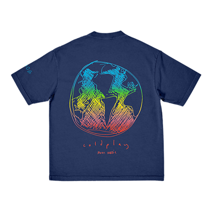 Back: features a large, colorful sketch of the Earth, drawn in a scribbled, abstract style filled with spontaneous lines, forming figures. The circle looks like it was drawn a few times over, with the pencil going out of the trace while sketching, creating a couple concentric circles inside. The lines of the sketch are blue at the top, green&yellow near the center, and pink&red at the bottom. In some parts the background is blue, like patches of ocean. Below, Coldplay&Moon Music are hand-written in red.