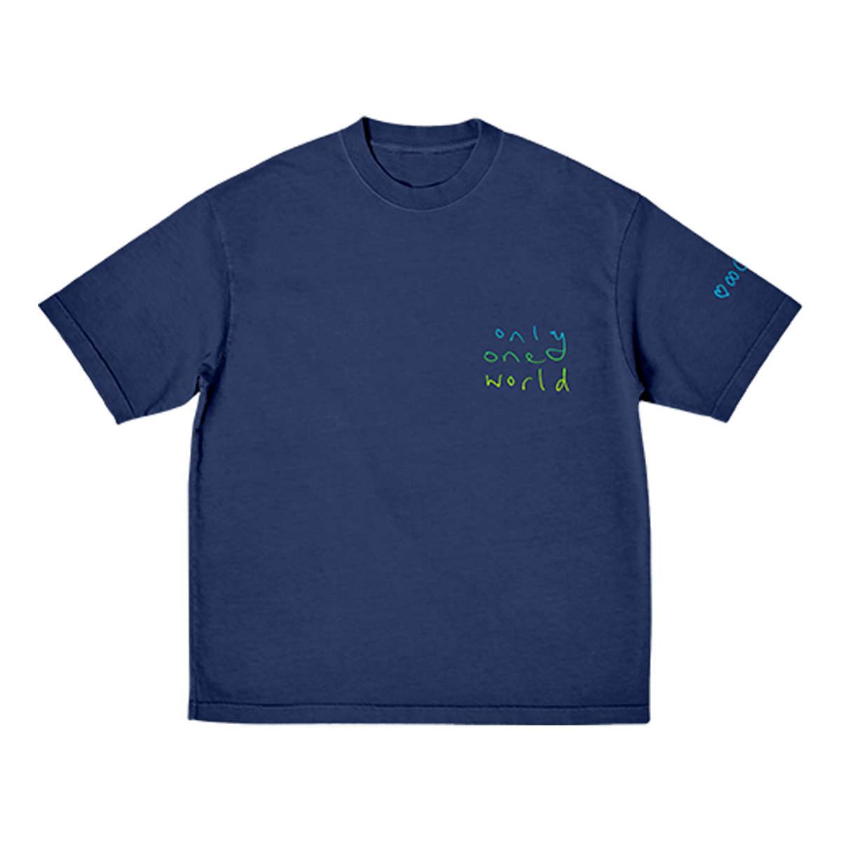 Front: The shirt is navy blue. The phrase only one world is printed on a light blue, green and yellow gradient on the left side of the chest. The words are arranged vertically: only is predominantly light blue, one is luminescent green, and world is a bright yellow. The font is casual, hand-written. The left sleeve is adorned with a heart, an infinity sign, a circle, and Chris’s rainbow doodle. All symbols are light blue.