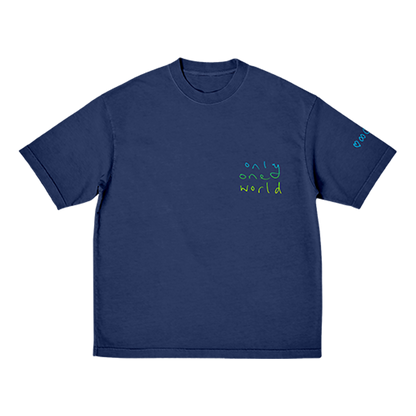 Front: The shirt is navy blue. The phrase only one world is printed on a light blue, green and yellow gradient on the left side of the chest. The words are arranged vertically: only is predominantly light blue, one is luminescent green, and world is a bright yellow. The font is casual, hand-written. The left sleeve is adorned with a heart, an infinity sign, a circle, and Chris’s rainbow doodle. All symbols are light blue.