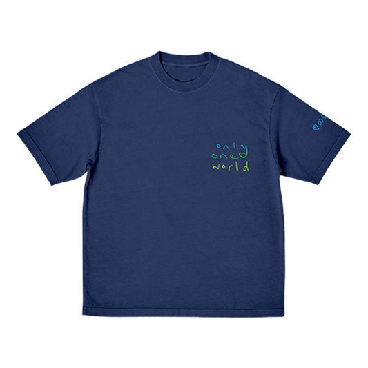 Front: The shirt is navy blue. The phrase only one world is printed on a light blue, green and yellow gradient on the left side of the chest. The words are arranged vertically: only is predominantly light blue, one is luminescent green, and world is a bright yellow. The font is casual, hand-written. The left sleeve is adorned with a heart, an infinity sign, a circle, and Chris’s rainbow doodle. All symbols are light blue.