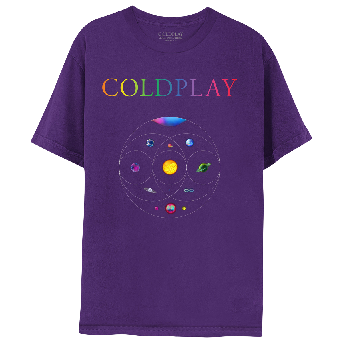 Front: 11planetsInCircles: pink, blue, green&purpleNebula;GreenPlanetOfFlowers, turquoiseRivers&foliage??goldenStarOfSolarFlares&orangeLava;PlanetOfDarkBlue, magenta&whiteOceanWaves;BlueCircuitBoardPlanetInSilver cube;1ofPurple&indigoSwirls;1as aPurple, blue&green??Blue&purplePlanet;PinkSphereWithOrangeCrater&greenMoon;BlueOpalWith??&pink, blue, purple&greenPlanetWithPink&yellowNeonMoons;COLDPLAYPrintedOnChest;C isPurple;O lightBlue;L green;D greenToYellow;P Orange;L darkOrange;A pink;&Y LightPurple