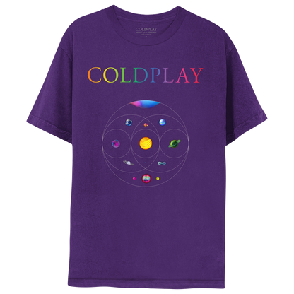 Front: 11planetsInCircles: pink, blue, green&purpleNebula;GreenPlanetOfFlowers, turquoiseRivers&foliage??goldenStarOfSolarFlares&orangeLava;PlanetOfDarkBlue, magenta&whiteOceanWaves;BlueCircuitBoardPlanetInSilver cube;1ofPurple&indigoSwirls;1as aPurple, blue&green??Blue&purplePlanet;PinkSphereWithOrangeCrater&greenMoon;BlueOpalWith??&pink, blue, purple&greenPlanetWithPink&yellowNeonMoons;COLDPLAYPrintedOnChest;C isPurple;O lightBlue;L green;D greenToYellow;P Orange;L darkOrange;A pink;&Y LightPurple