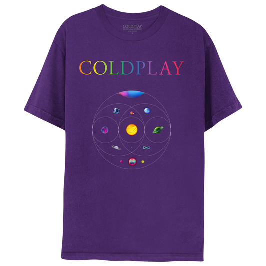 Front: 11planetsInCircles: pink, blue, green&purpleNebula;GreenPlanetOfFlowers, turquoiseRivers&foliage??goldenStarOfSolarFlares&orangeLava;PlanetOfDarkBlue, magenta&whiteOceanWaves;BlueCircuitBoardPlanetInSilver cube;1ofPurple&indigoSwirls;1as aPurple, blue&green??Blue&purplePlanet;PinkSphereWithOrangeCrater&greenMoon;BlueOpalWith??&pink, blue, purple&greenPlanetWithPink&yellowNeonMoons;COLDPLAYPrintedOnChest;C isPurple;O lightBlue;L green;D greenToYellow;P Orange;L darkOrange;A pink;&Y LightPurple